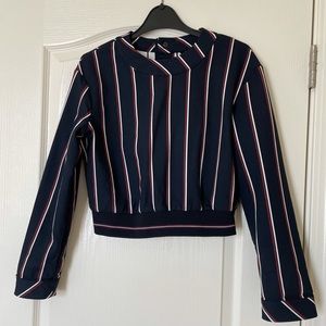 Zara navy blue jacket with red vertical stripes. Ribbed bottom